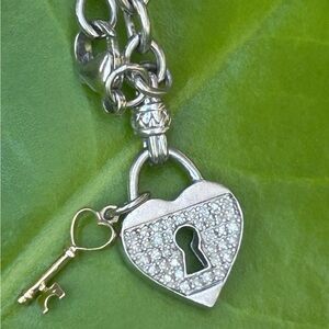 Sterling silver & 14kt Yellow Gold Heart Lock Diamond Key Charm Bracelet.